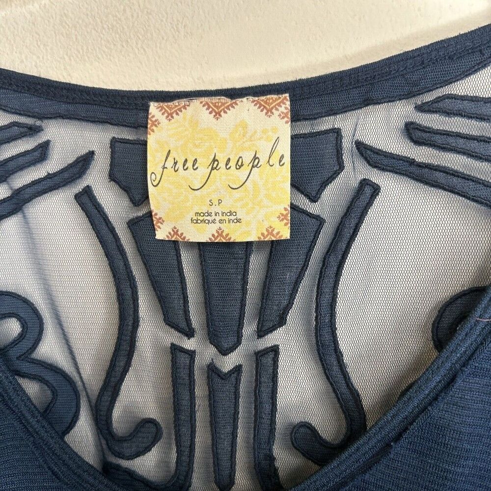 Free People Top blue pullover burnout shirt size Small navy blue semi sheer - Picture 2 of 7